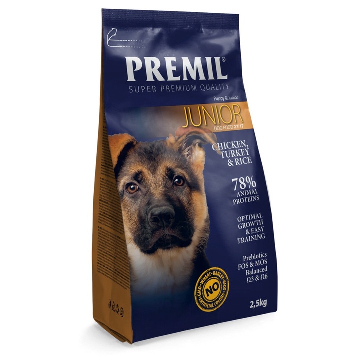 Пълноценна храна, Premil Junior, За кучета от големи и едри породи до 1 година, Пилешко и пуешко месо, 2.5 кг