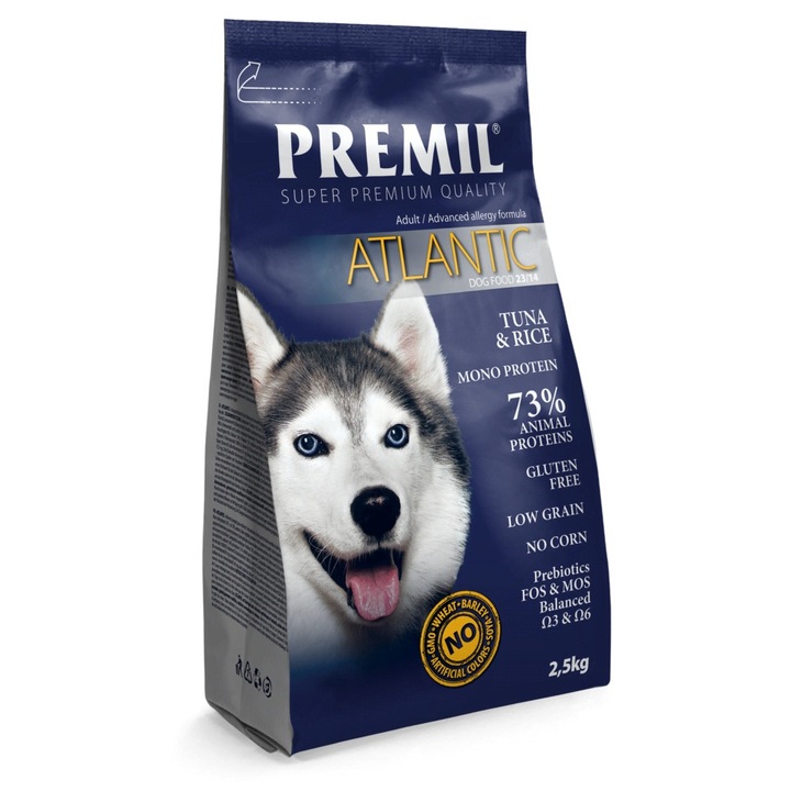 Пълноценна храна, Premil Atlantic, За кучета, склонни към алергии, Риба тон и ориз, 2.5 кг