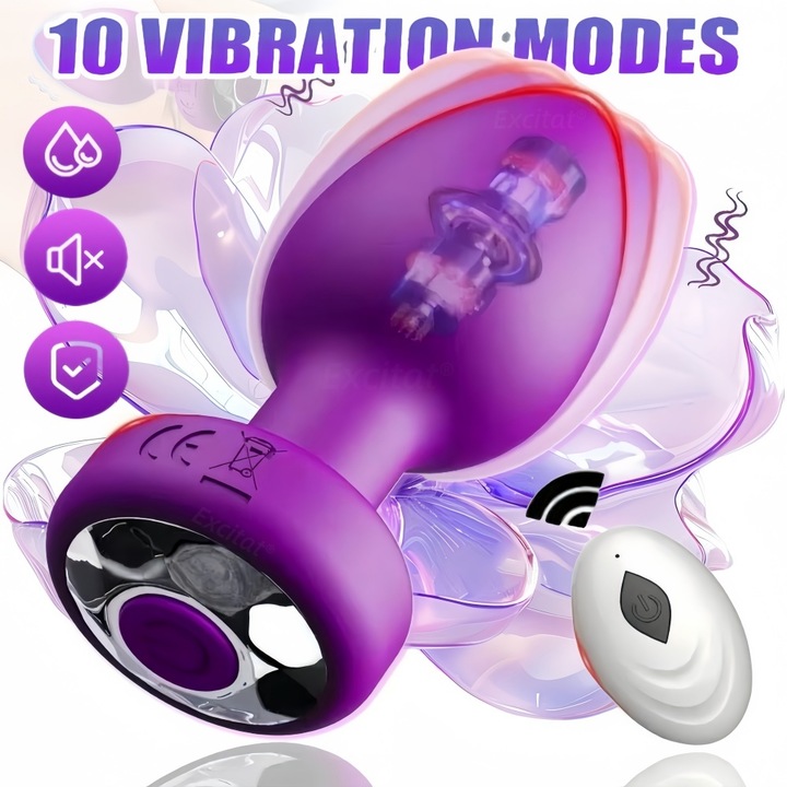 Dop anal cu vibratii, EXCITAT®, 10 moduri de vibratie, design cu bijuterie, Silentios, Incarcare USB, Silicon Medical Hipoalergenic, rezistent la apa, 3.5cm, pentru femei barbati cupluri, Mov