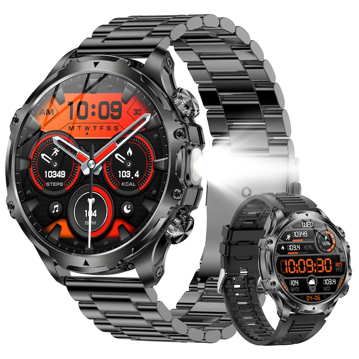 Ceas Smartwatch Barbati FOSMET® 1.85” Ecran mare HD Ceas Sport in Aer Liber, Lumina LED puternica, Baterie de 700 mAh, 5ATM Ceas Fitness Impermeabil, Ritmul Cardiac, Oxigenul Din Sange, Tensiunea Arteriala, Urmarirea Somnului, 100+ Moduri Sportive, Negru