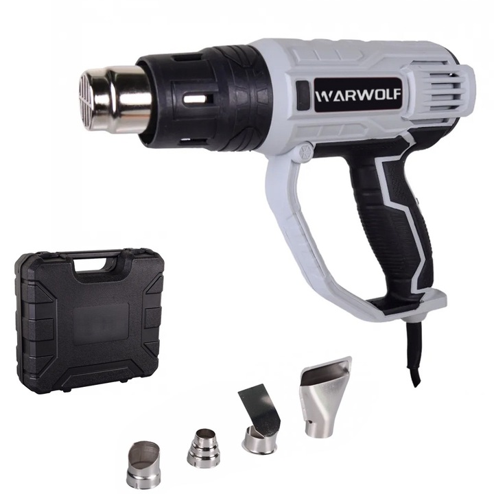 Pistol cu Aer Cald HUGOOME 2000W, 60 ℃-600 ℃, 300-500L/min, 2 setari, 4 duze pentru artizanat, folie de vinil, tuburi de contractie, cutie din plastic