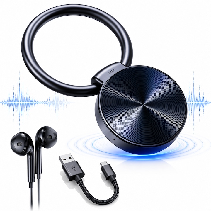 Mini Reportofon Breloc Spion Vala Tech®️, 32GB, 24H Inregistrare Continua, Stand-by 30 Zile, Activare Vocala, Reducere Zgomot, Functie MP3, Conectivitate OTG, Un Singur Buton, Salvare Automata, Functie Segmentare, Spionaj, Profesional, Casti CADOU