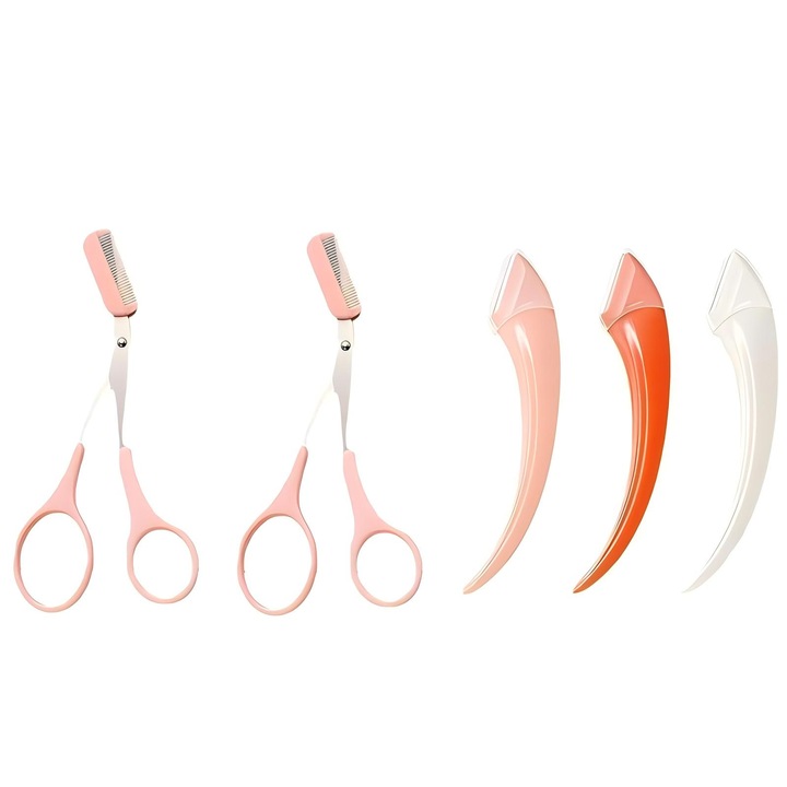 Pachet de 5 aparate de tuns sprancene profesionale, maner anti-alunecare, culori mixte 3 aparate de tuns sprancene si 2 foarfece pentru sprancene