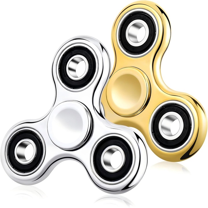 Set de 2 piese de jucarii fidget spinner, 8 cm diametru, aliaj placat cu zinc, puternic si durabil, galben si alb