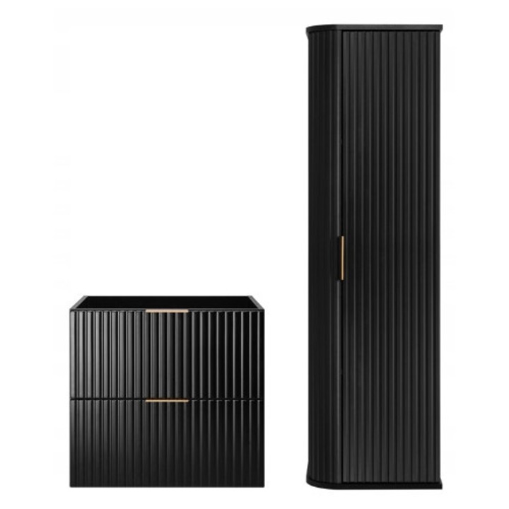 Set mobilier baie, Rodan, Flow, Elegance Stalp, Suspendat, Soft Close, Dulap - 46cm x 60cm x 57cm, Dulap Stalp - 31.5cm x 35.5cm x 139cm, Material Placa MDF, Margini ABS, 2 Sertare Soft Close, 3 Rafturi, Negru