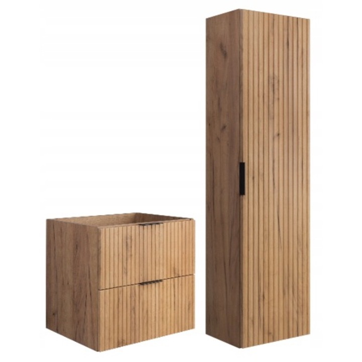Комплект мебели за баня, RODAN, Flow, Окачен, Soft Close, Шкаф - 46cm x 60cm x 57cm, Шкаф колона - 27 cm x 35 cm x 136 cm, Craft златен дъб