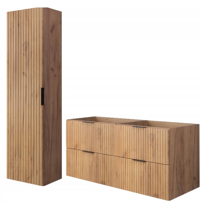 Fürdőszobabútor szett, RODAN, Flow, Függesztett, Soft Close, Szekrény - 46cm x 120cm x 57cm, Oszlopos szekrény - 27cm x 35cm x 136cm, Craft aranytölgy