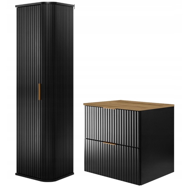 Комплект мебели за баня, RODAN, Flow, Колона Elegance, Окачена, Soft Close, Шкаф - 46см x 60см x 57см, Плот - 46,5см x 60,5см x 1,6см, Колона - 31,5см x 35,5см x 139см, Черен/Златен дъб