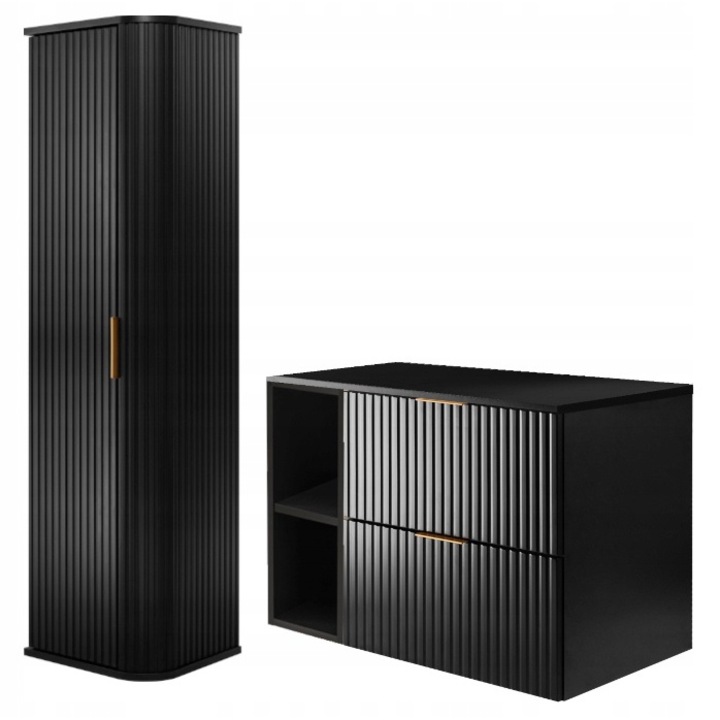 Комплект мебели за баня, RODAN, Flow, Колона Elegance, Окачена, Soft Close, Шкаф - 46см x 60см x 57см, Плот - 46,5см x 80,6см x 1,6см, Колона - 31,5см x 35,5см x 139см, Етажерка - 46см x 20см x 57см, Черен