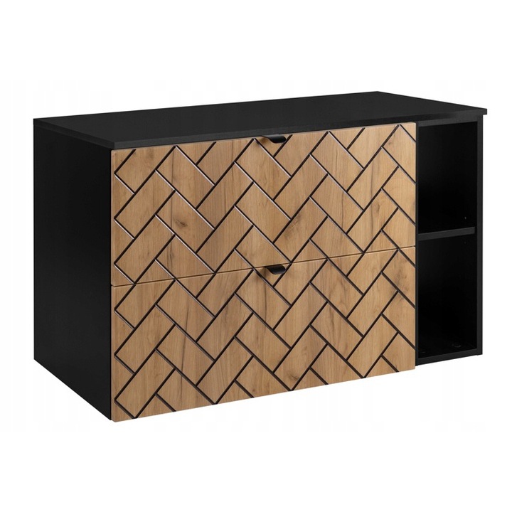 Dulap De Baie Cu Raft Si Blat, Rodan, Trend, Dulap - 80x60.7x46 cm, Blat - 100.6x1.6x46 cm, Raft - 20x60.7x44.2 cm, Material Panza MDF 16mm, Margini ABS 0.5 mm, Sub Chiuveta, Suspendat, Doua Sertare Cu Functie Soft Close, Fronturi Jodea Engleza, Negru