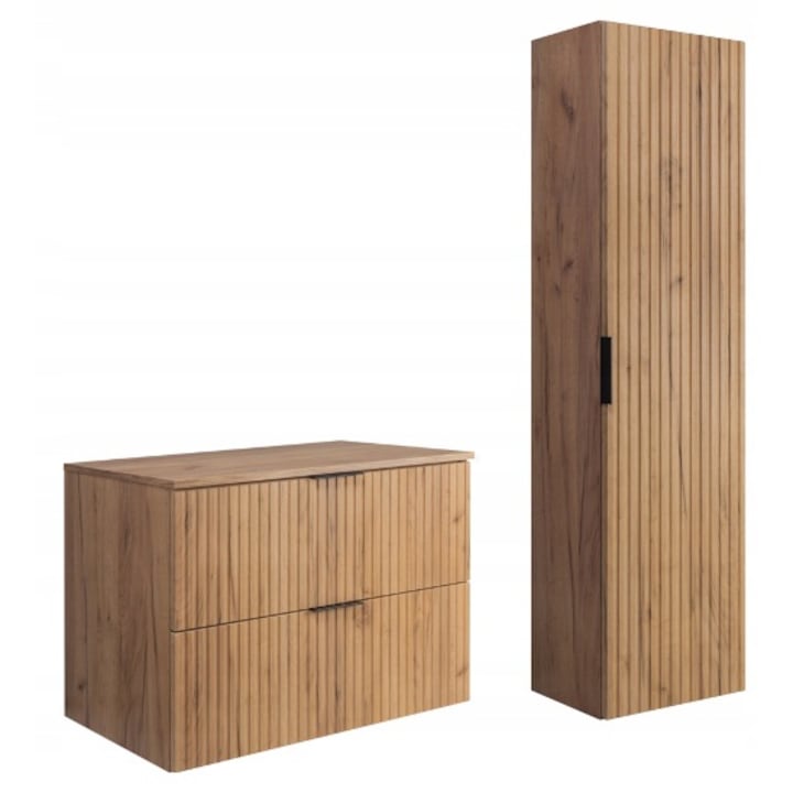 Set mobilier baie, RODAN, Flow, Suspendat, Soft Close, Dulap - 46cm x 80cm x 57cm, Blat - 46.5cm x 80.6cm x 1.6cm, Stalp - 27cm x 35cm x 136cm, Stejar auriu craft