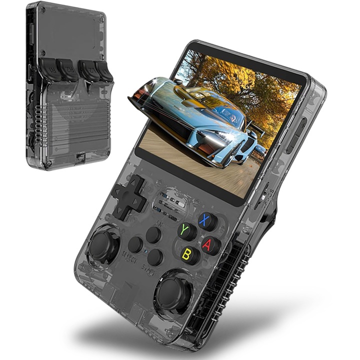 R36S 64 GB-os hordozható retro konzol, játékokkal, Lurelia, Kiváló minőségű HD képernyő, kompakt kialakítás, klasszikus játékok lejátszása, maximális teljesítmény, átlátszó fekete