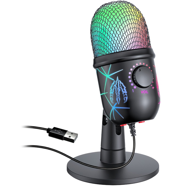 USB микрофон, Lurelia, за игрови микрофон, подкаст кондензаторен микрофон за студиен запис, YouTube, стрийминг, RGB осветление, звук, усилване, шумопотискане