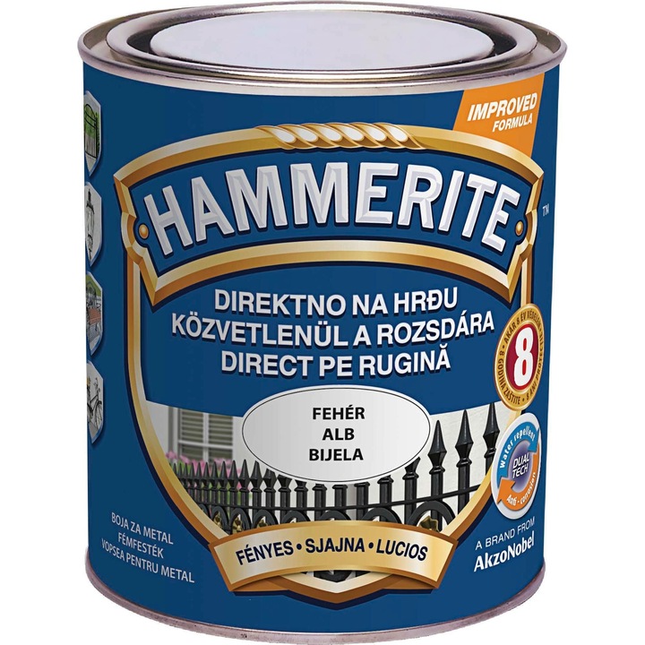 Email pe baza de solvent Hammerite, pentru metal, alb, aspect lucios, 0.75 L