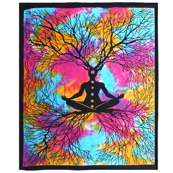 Cuvertura Dubla Pat & Decoratiune - Arborele Yoga, 100% Bumbac, Lucrat Manual, 200x230 cm – Eleganta, Stil si Calitate