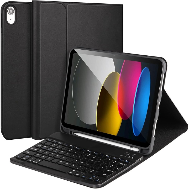 Husa cu tastatura compatibila cu iPad 10th 10.9", Wireless, Bluetooth, suport stylus pen, Negru