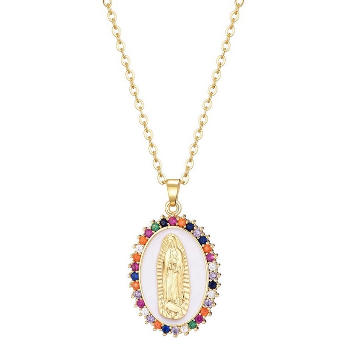 Colier cu lant colorat si pandantiv vintage Fecioara Maria