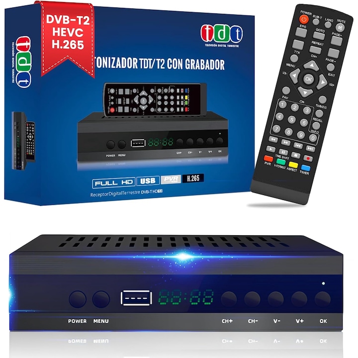 Tuner TV cu telecomanda, DVB-T2, HDMI, Ethernet, SCART, H.265 HEVC FTA Full HD PVR, USB, Negru