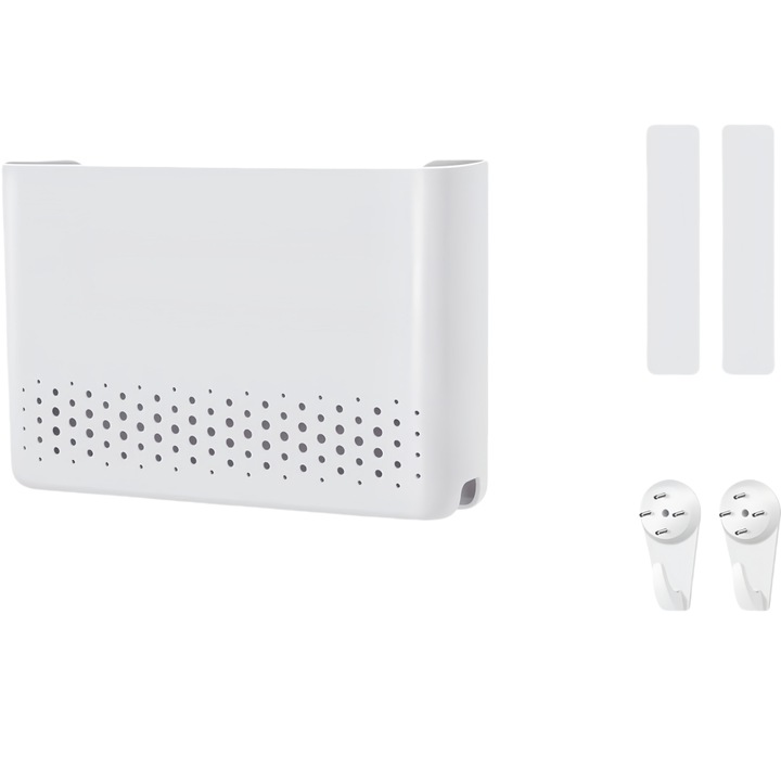 Raft pentru router, TasyPins, montare pe perete, 25.6x17x5.6cm, alb, cu lipici fara urme si unghii fara urme