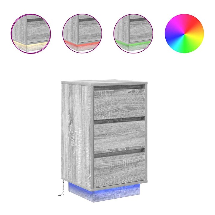 Noptiera cu lumini LED vidaXL, Gri Sonoma, 38x34x65 cm, 14 Kg