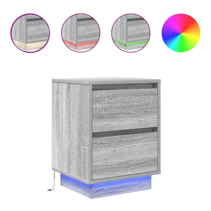 Noptiere cu lumini LED vidaXL, 2 buc, Gri Sonoma, 38x34x50 cm, 21.65 Kg