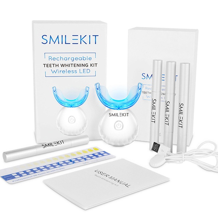Komplett fogfehérítő készlet, SmileKit, 4 gél toll, LED lámpa, érzékeny fogakhoz, utazótáska, gyors fehérítés