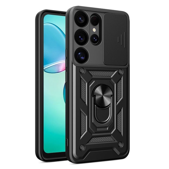 Калъф Defender Slide за Samsung Galaxy S26 Ultra, защита на камерата, пръстен-стойка, магнитно захващане, черен