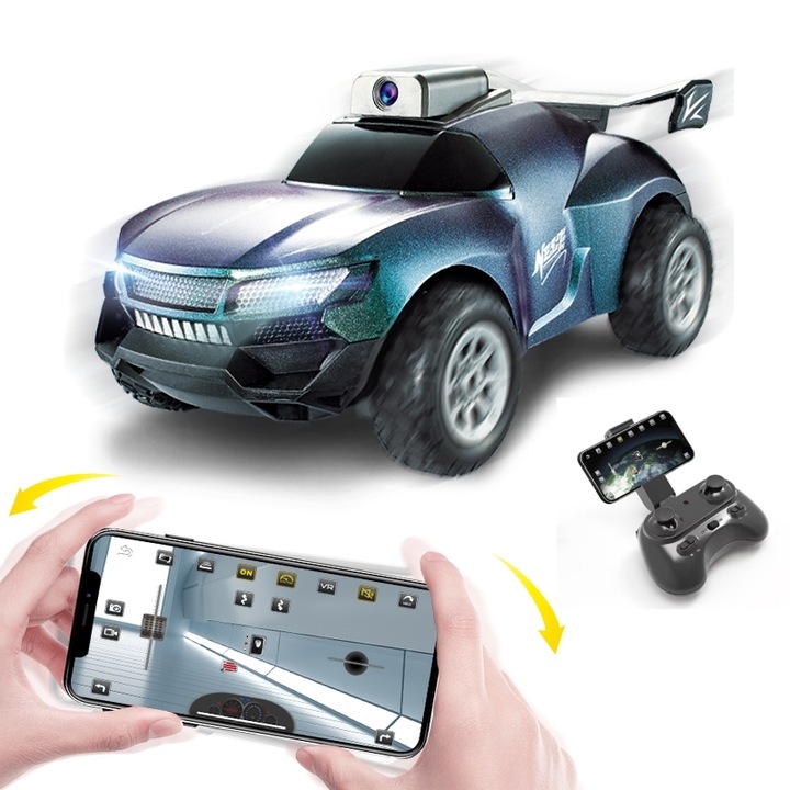 Masina cu telecomanda, RC Masina de curse cu camera, Functii de fotografie si videografie, Viteza variabila, umini LED, control via app, telecomanda 2.4GHz, rotatie 360°, 15km/h, Baterie reincarcabila 500mah, Gradient verde