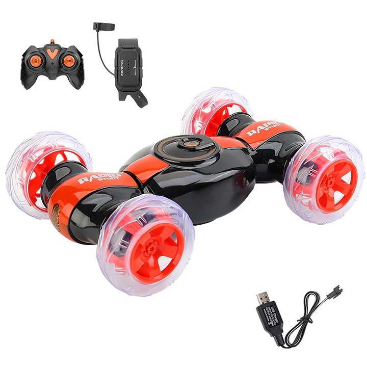 Masinuta de control de la distanta Dussdote, RC Stunt Car 360Rolling Twister, dimensiuni 10x3x7 inchi, cu control prin gesturi, set cu 2 baterii