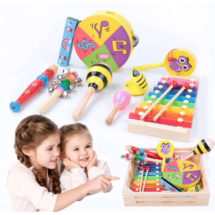 Instrumente muzicale pentru copii, din lemn, set de 9 piese, diverse sunete, cadouri pentru educatia timpurie a bebelusilor, tobe simulate, zornaitoare, trompete, castaniete, muzicuta, modele aleatorii