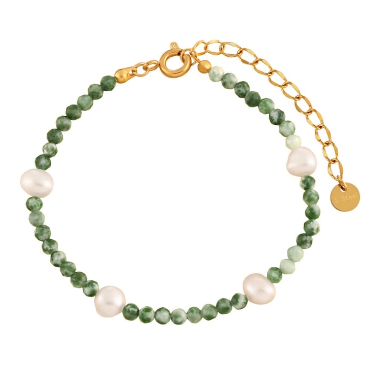 Bratara pentru femei cu pietre naturale si perle naturale, iceDream, Verde/Alb, Lungime 16+5 cm, Include husa de catifea pentru bijuterii