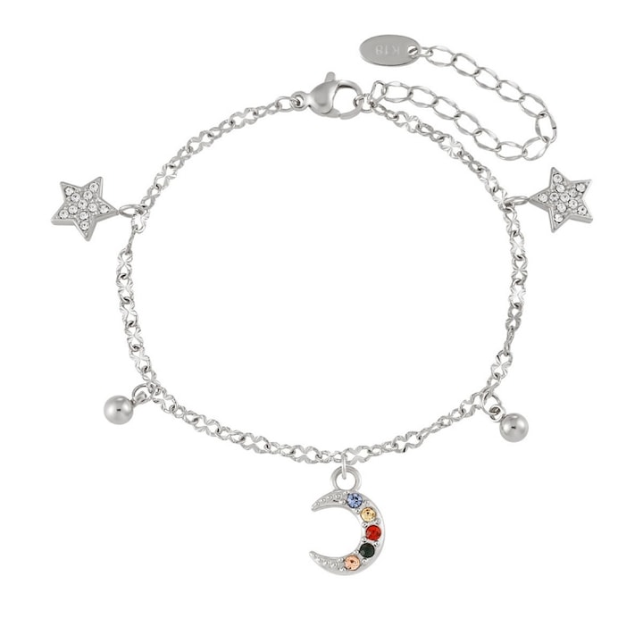 Bratara de argint cu stele si luna pentru femei, iceDream, Placat cu argint 925, Lungime 16.5+5 cm, Antialergic/Colorfast, Include husa de catifea pentru bijuterii