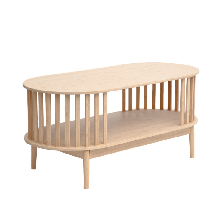 Дървена холна маса, Homla, овална, рафт, 100x48x45 см, естествена