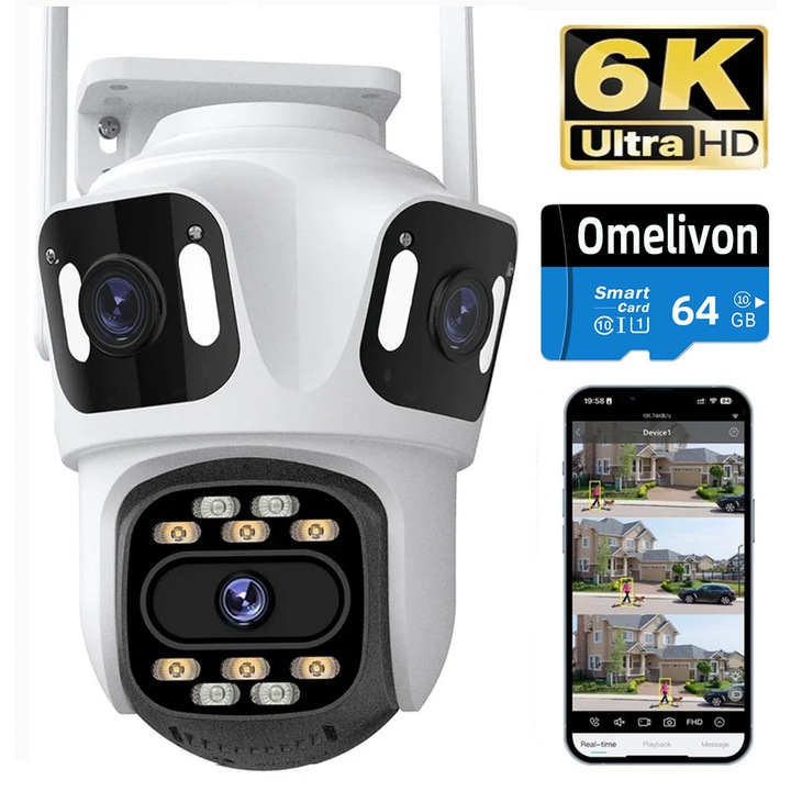 Camera de Supraveghere Tripla WIFI Omelivon® P13, 12MP, 64G card, Exterior/Interior, Ultra HD, 5X zoom, Rotire, Leduri, Lumina, Stocare Card/Cloud, Comunicare Bidirectionala, Alarma, Senzor Miscare