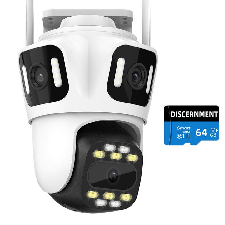 Камера за наблюдение GuardXEye safe P13, тройна, WIFI, 12MP, 64G карта с памет, на открито/вътре, Ultra HD, 5X увеличение, ротация, светодиоди, светлина, карта/облачно съхранение, двупосочна комуникация, аларма, сензор за движение