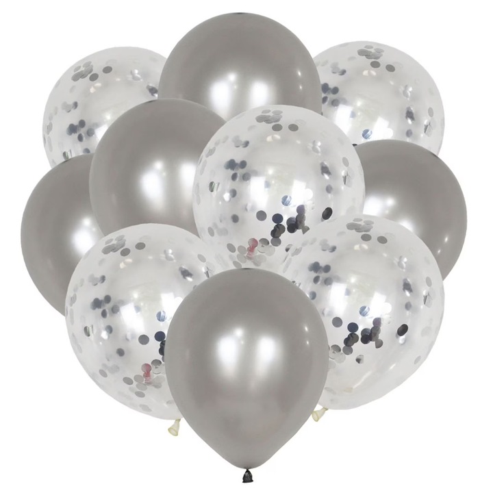 Léggömbkészlet, arany/ezüst konfetti, 10 db, Party Shop Online