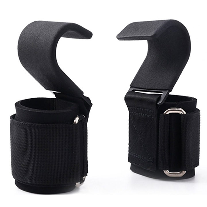 Set de 2 curele de haltere cu carlig, benzi de sustinere pentru sport de compresie pentru mrena si aparate mari de gimnastica, negru
