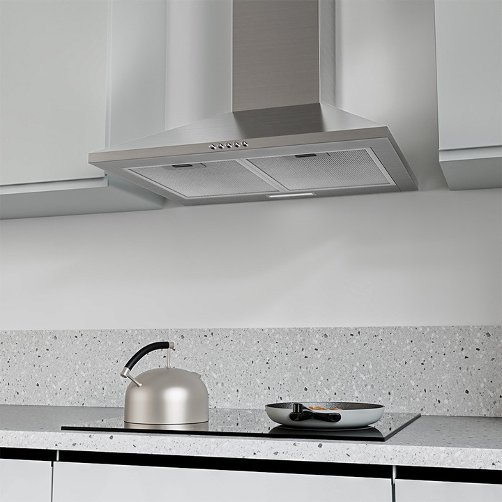 Декоративен абсорбатор FIREGAS ESD06S60AC, 400м3/ч, 3 скорости, LED осветление, Алуминиев филтър, с активен въглероден филтър, лесен за монтаж, 60 см, Неръждаема стомана
