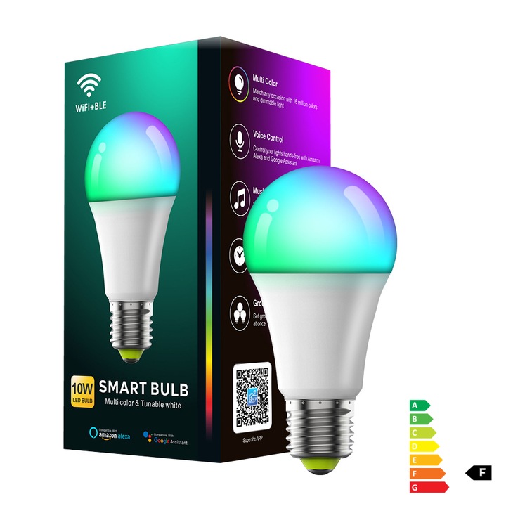 Bec inteligent RGB+CCT, 10W, 800lm, E27, 2700K-6500K, control WiFi si Bluetooth, economisire energie, set