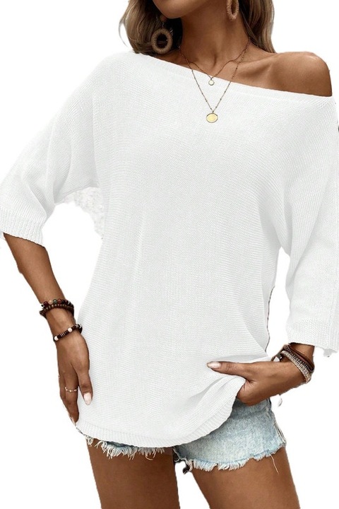 Pulover Dama, Elegant, Decolteu Rotund Si Maneci Trei Sferturi, Alb