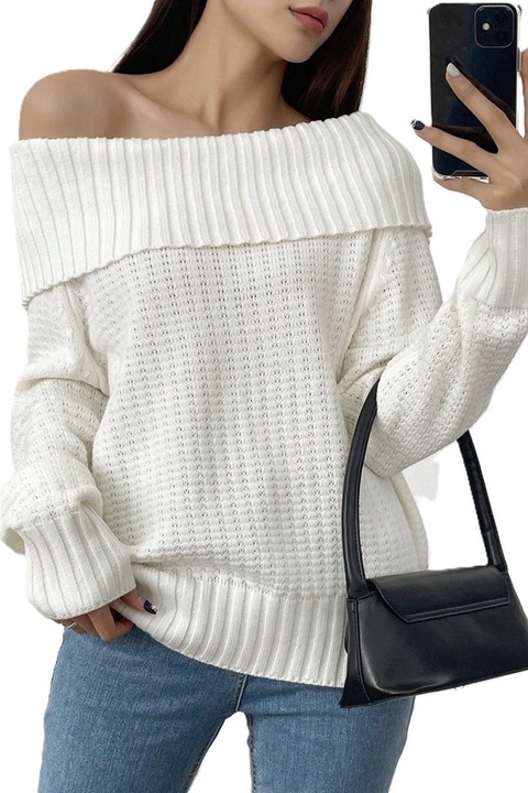 Pulover Dama, Efect Oversize, Cu Umerii Goi, Alb, S