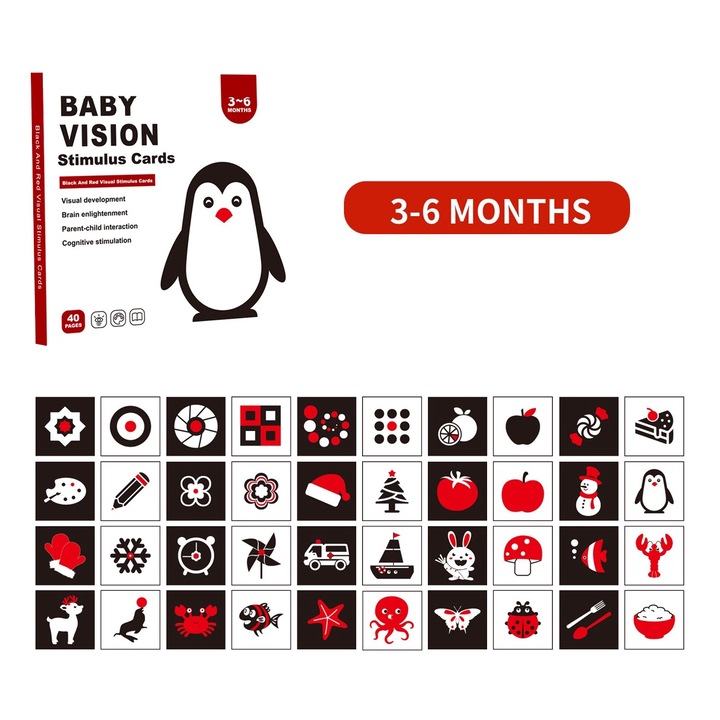 Комплект от 20 карти за визуална стимулация за бебета, 14x14 см, 3-6 месеца