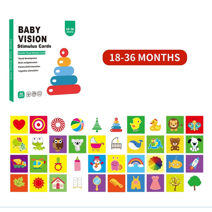 Комплект от 20 карти за визуална стимулация за бебета, 14x14 см, 18-36 месеца