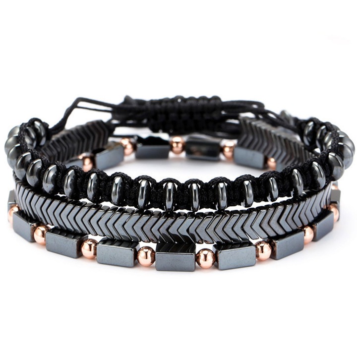3 db-os férfi karkötő készlet, természetes obszidián, fekete