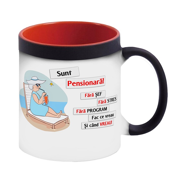 Cana termosensibila negru cu rosu personalizata Sunt Pensionara, 325 ml, Pop Radu Daniel II