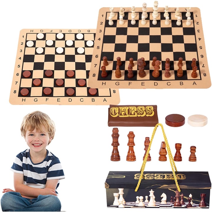 Joc de sah si dame din Lemn Lucrat Manual, AllizBan®, 31× 8.5 × 9cm, maro