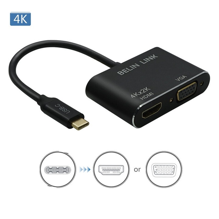 Adaptor USB-C la VGA si HDMI PAKLIMCN, 2 in 1, rezolutie maxima 1920x1080p, culoare neagra