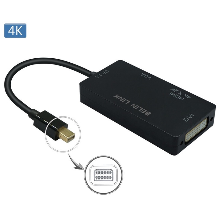 3 az 1-ben videó adapter, Bilin Link, Thunderbolt HDMI, DVI, VGA, 4K, fekete