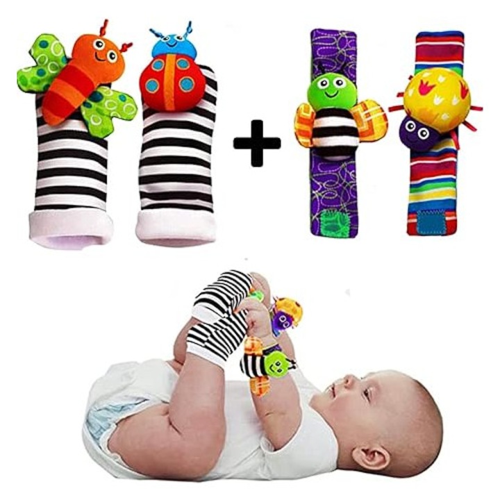 Set 2 bratari si 2 sosete zornaitoare bebe, animale colorate, 0-6 luni