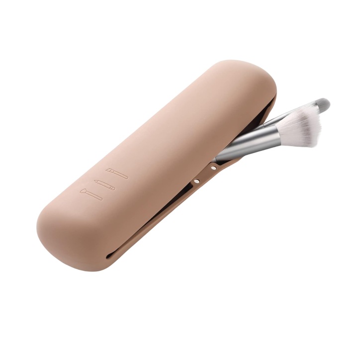 Suport Organizator Magnetic pentru Perii de Machiaj, Silicon Ecologic, Ideal pentru Calatorii si Depozitare, Anti-Cadere, Rezistent, Compact si Usor de Curatat, Dimensiuni 20x5x3 cm, bej
